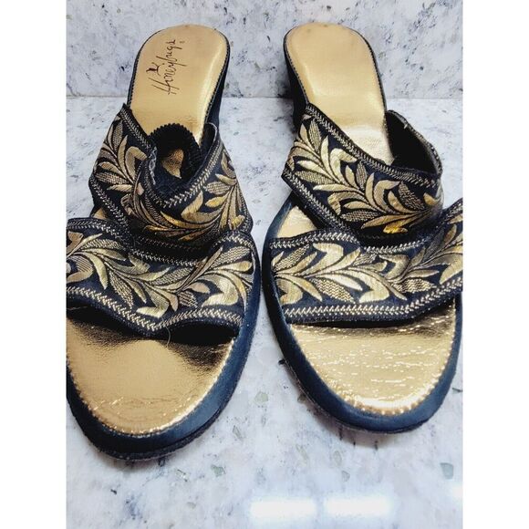 Honeybugs Sandals Strappy Black And Gold Ornate Slip On 2" Heel Vintage - Picture 2 of 8